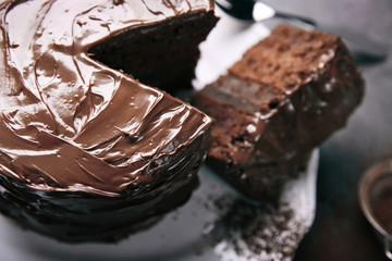 Chocolate cake on plate with a cut piece and fork and cocoa on gray background, closeup