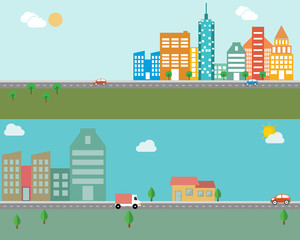 Fototapeta premium Modern vector illustration banner set of urban landscape and city life. Building icon