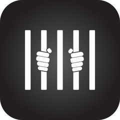 Prisoner hands behind bars simple icon on square background