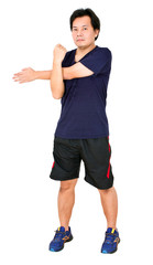Asian Man Stretching Workout Isolated on White.