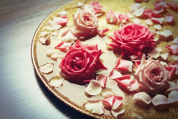 Pink rose petals in golden bowl with water on wooden background
