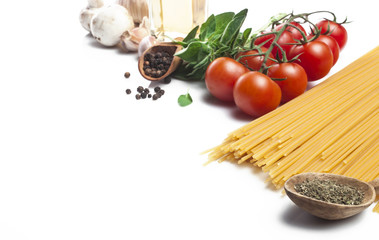 Pasta ingredients on white background