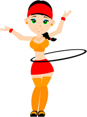 The girl goes in for sports in the gym. Exercise with hula hoop.