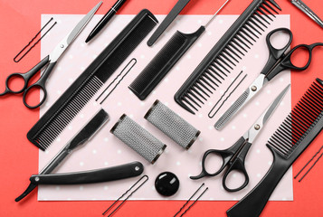 Fototapeta premium Barber set with tools and pen on bright paper background