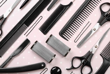Barber set with tools on bright paper background