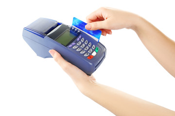 Female hands with credit card and bank terminal, isolated on white