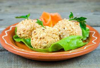 Decorated hoopla salad on a clay plate