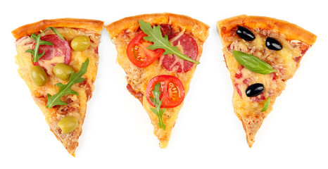 Slices of fresh baked pizza isolated on white