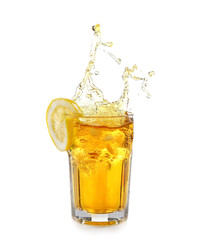 Ice tea with lemon splash, isolated on white