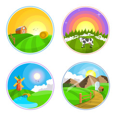 Countryside landscape illustration with hay, field, village and windmill. Farml landscape icon set. 