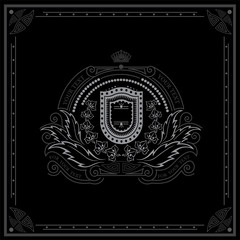 Shield with floral wreath monogram template. Elegant line ornament frame. White on black