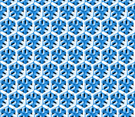 seamless grid made of connected polygonal objects in white and blue in front of a black background