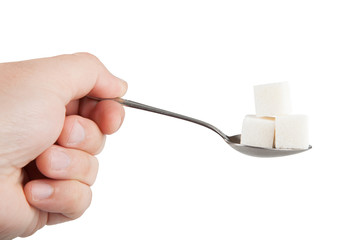 hand holding a spoon in which sugar cubes
