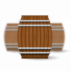 Three realistic mock up wood barrel on white background. Vector illustration one barrel sharp and two barrels depth of field