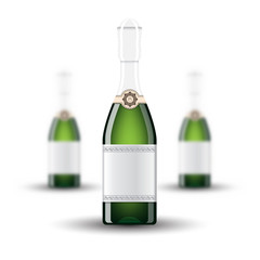 Three realistic mock up green bottle of champagne on white background. Vector illustration one bottle sharp and two bottles depth of field