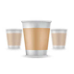 Three realistic mock up coffee or tea plastic cup on white background. Vector illustration one cup sharp and two cups depth of field