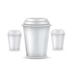 Three realistic mock up coffee or tea plastic cup with cap on white background. Vector illustration one cup sharp and two cups depth of field