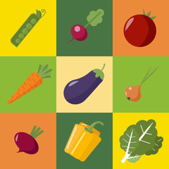 Vegetables Set. Healthy Food. Pepper, Eggplant, Peas, Onions. Icons Set