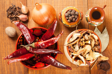 Dried mushrooms and red peppers and other vegetables and spice