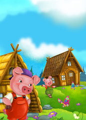 Cartoon fairy tale scene with pigs doing different things - illustration for children