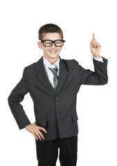 happy boy student raised his finger. Boy in glasses smiling. I have an idea.