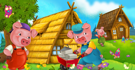Cartoon fairy tale scene with pigs doing different things - illustration for children © agaes8080