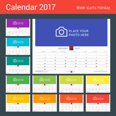 Wall Monthly Calendar for 2017 Year. Vector Design Print Template. Week Starts Monday. Landscape Orientation. Set of 12 Months