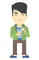 Angry boss pointing at wrist watch.