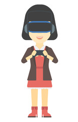 Woman wearing virtual reality headset.