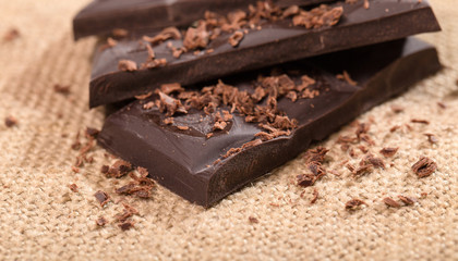 Chocolate pieces with a chocolate crumb on a sacking