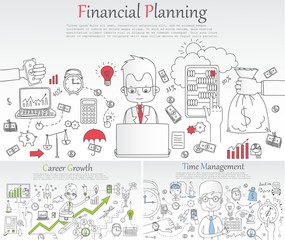 Doodle line design of web banner templates with outline icons of time management, career growth,big idea, creative thinking. Modern vector illustration concept for website or infographics.
