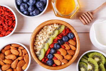 Healthy breakfast - bowl of oat flakes with fresh fruit, almond