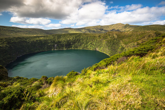 Azores landscape with lakes in Flores island. Caldeira Comprida