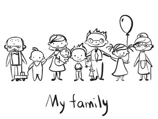 Vector children's doodle of happy family. Happy family holding hands and smiling