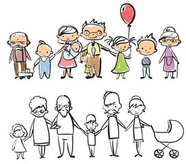 Vector children's doodle of happy family. Happy family holding hands and smiling
