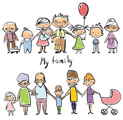 Fototapeta premium Vector children's doodle of happy family. Happy family holding hands and smiling