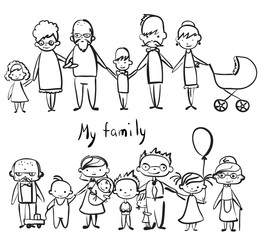 Vector children's doodle of happy family. Happy family holding hands and smiling