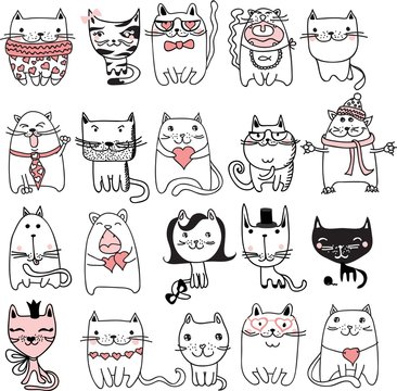 Set of 20 Vector doodle cute cats avatars