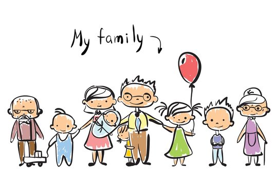 Vector children's doodle of happy family. Happy family holding hands and smiling