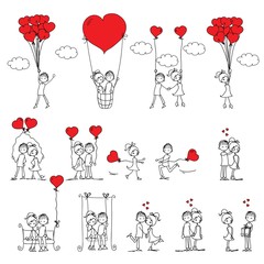 Valentine doodle boy and girl in love. Vector line illustration