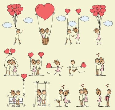 Valentine doodle boy and girl in love. Vector line illustration
