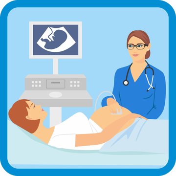 Pregnant woman lying on the couch. pregnant woman doing ultrasound. Vector illustration of a pregnant doing ultrasonography.The doctor makes uzi