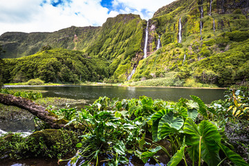 Azores landscape with waterfalls and cliffs in Flores island. Po
