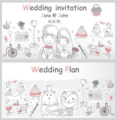Doodle line design of web banner template with outline cartoon wedding icons. Wedding Planner Icons and Infographics.