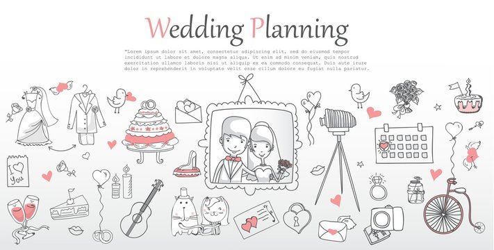 Doodle line design of web banner template with outline cartoon wedding icons. Wedding Planner Icons, Infographics and invitation.