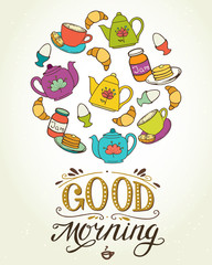 Breakfast set and 'Good morning' hand lettering.