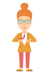 Woman taking off jacket.