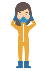 Woman in protective chemical suit.