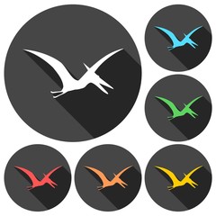 Pterodactyl silhouette icons set with long shadow