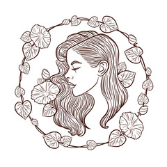 The girl's face in profile . Vector girl. The girl's face in a circular frame plant